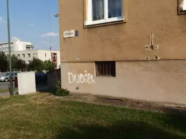 Padesát let trvající reziduum invaze armád států Varšavské smlouvy v srpnu 1968 v Olomouci – nápisy na omítce fasády bytového domu v ulici I. P. Pavlova 47: DUBČEK / ИДИТЕ DOMOJ (azbukou a latinkou – Jděte domů!) – PRAVDA VÍTĚZÍ! Snímky z 5. srpna 2018. Foto Jiří Fiala.